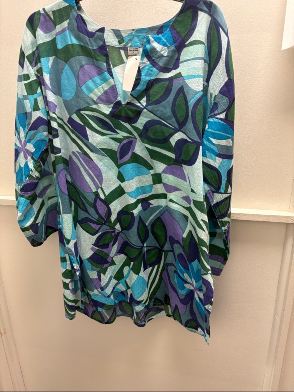 Relaxed Floral Print V-Neck Tunic in Teal & Purple